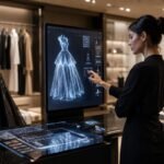 A fashion designer uses AI technology to create a luxury dress design in a high-tech studio.