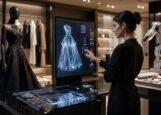 A fashion designer uses AI technology to create a luxury dress design in a high-tech studio.