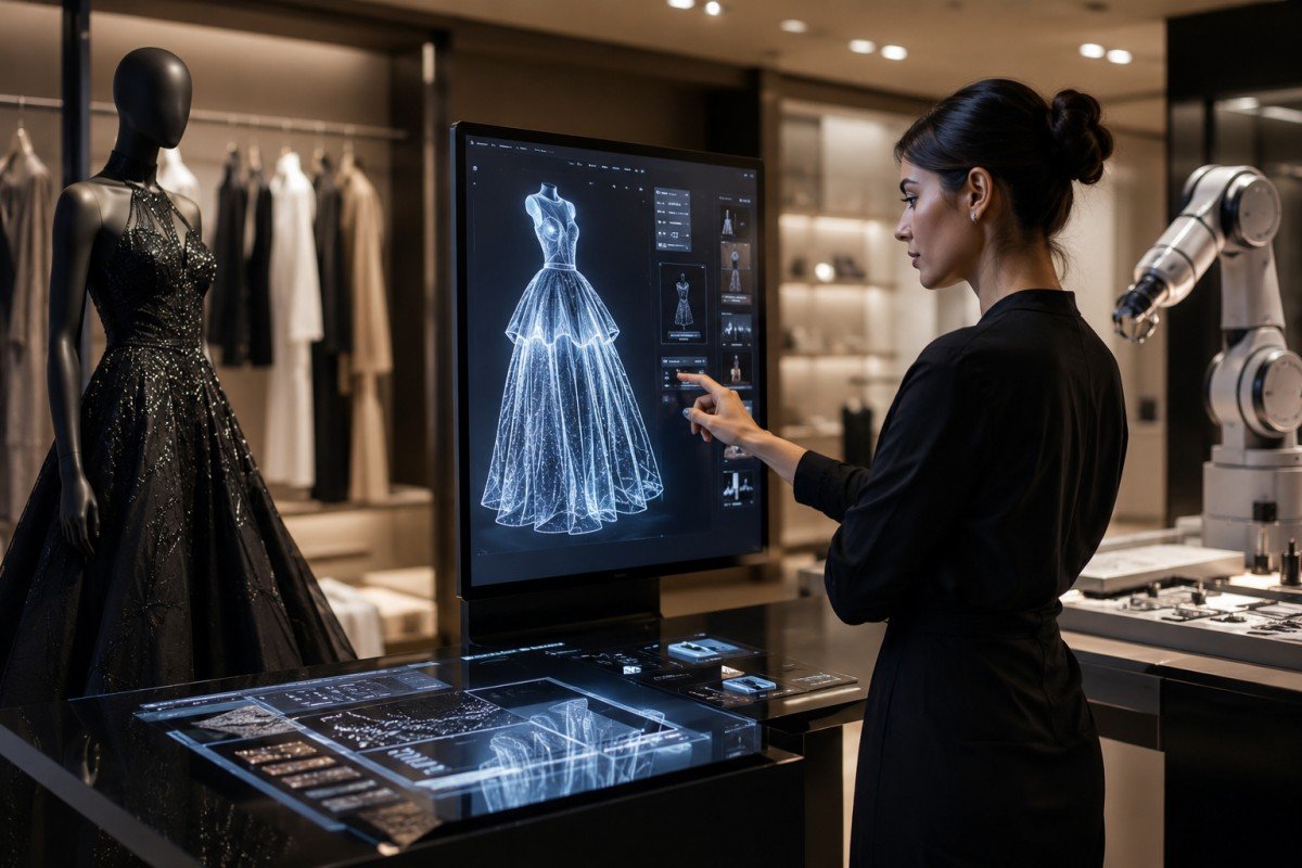 A fashion designer uses AI technology to create a luxury dress design in a high-tech studio.