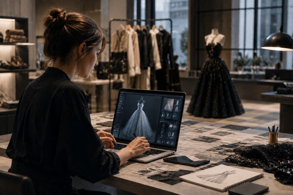 Fashion designer using AI technology in a luxury studio.