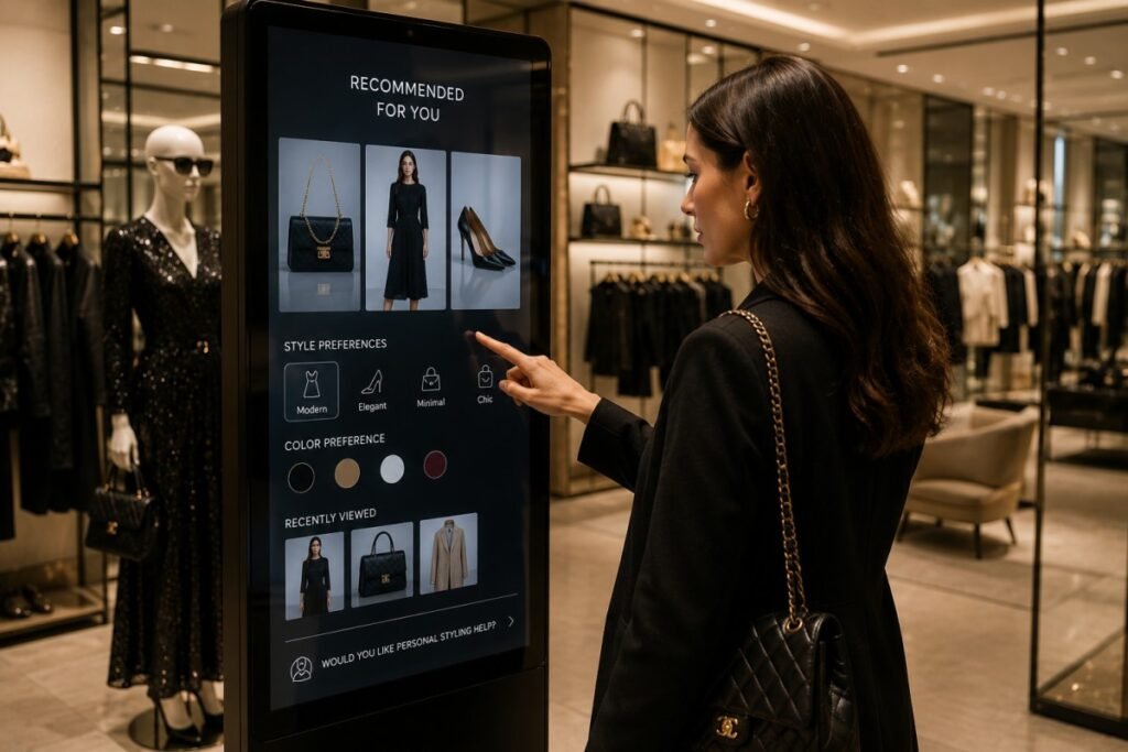 Woman using a personalized shopping kiosk in a luxury fashion store.