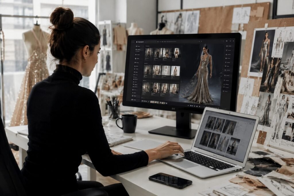 Designer creating AI-powered fashion marketing content.
