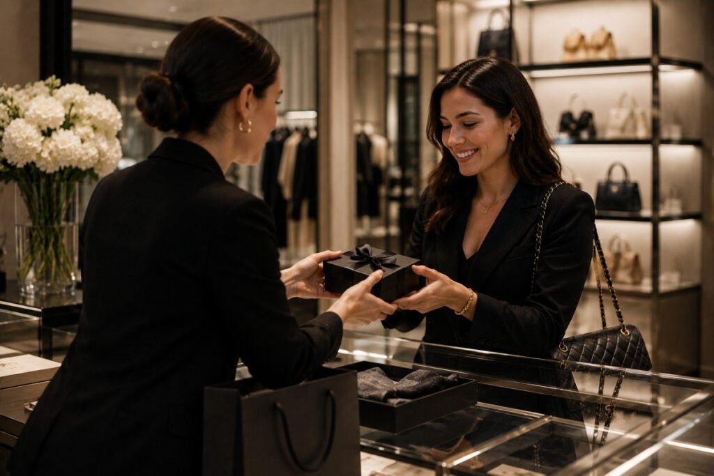 A luxury boutique associate gives a gift to a smiling customer.