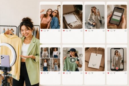 Young fashion creator making social media content with lifestyle and fashion images.
