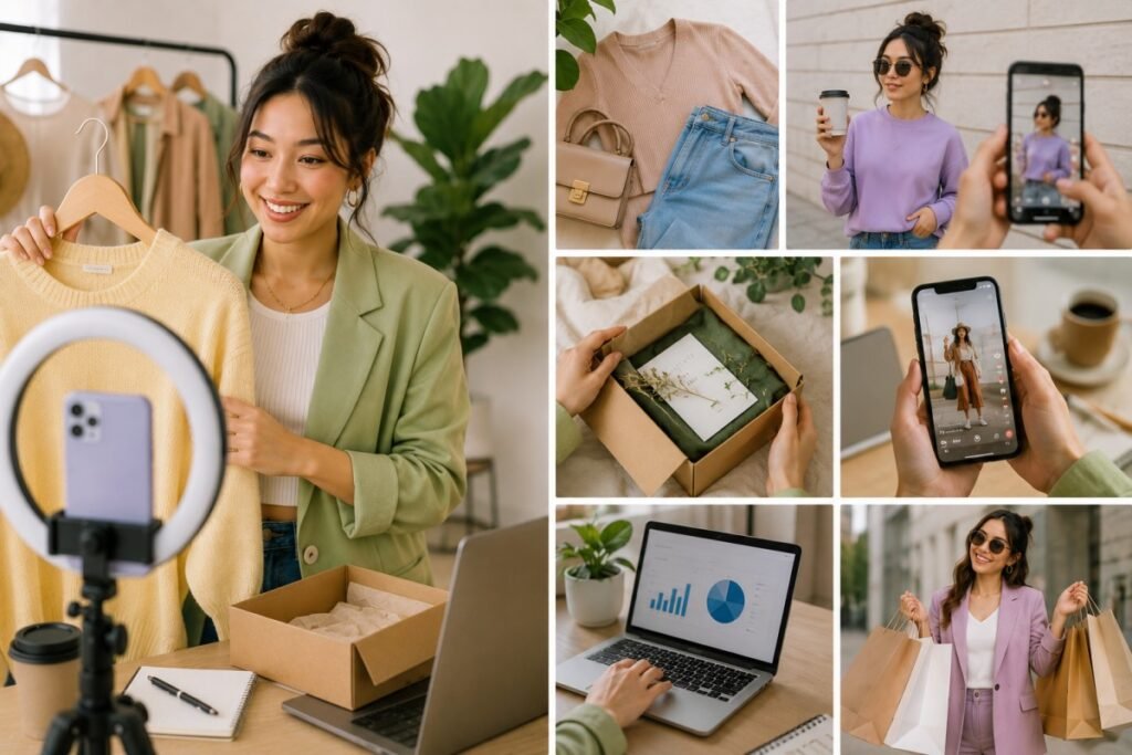 Fashion creator making social media content with clothing, unboxing, and lifestyle scenes.
