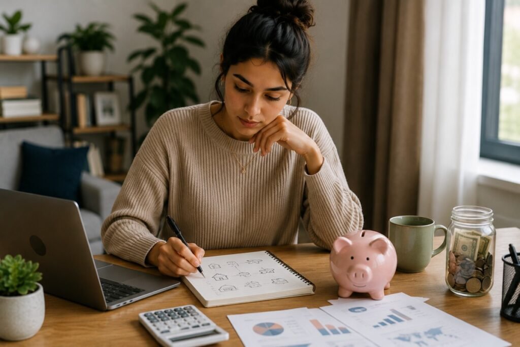 Young adult planning financial goals with savings and budgeting tools.