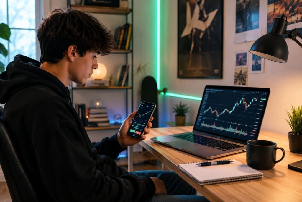 Young investor tracking stocks on a laptop and phone.