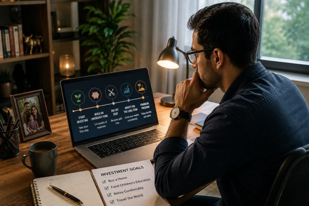 Person reviewing investment goals on a laptop.