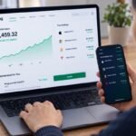 Investor tracking portfolio performance on a laptop and smartphone.