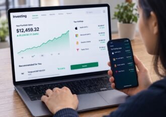 Investor tracking portfolio performance on a laptop and smartphone.