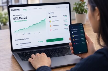 Investor tracking portfolio performance on a laptop and smartphone.