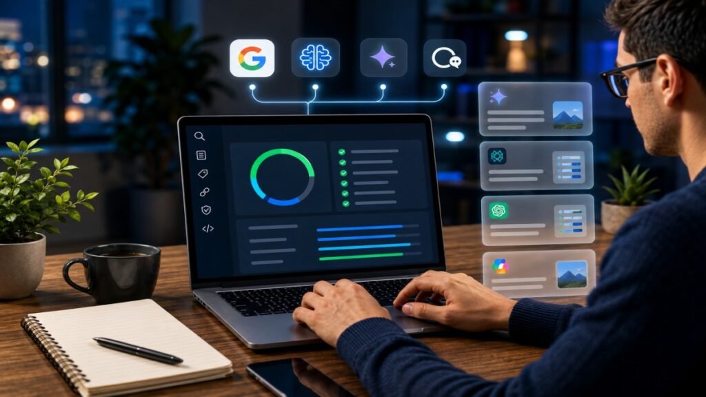 Person using AI-powered SEO tools on a laptop.
