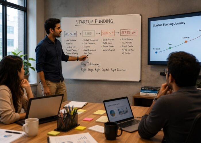 ChatGPT Image Aug 6, 2026, 10_28_28 AM Startup funding stages presentation in a business meeting