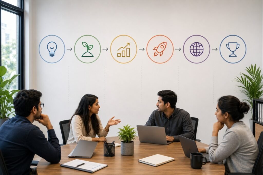Startup team discussing business growth strategy in a meeting