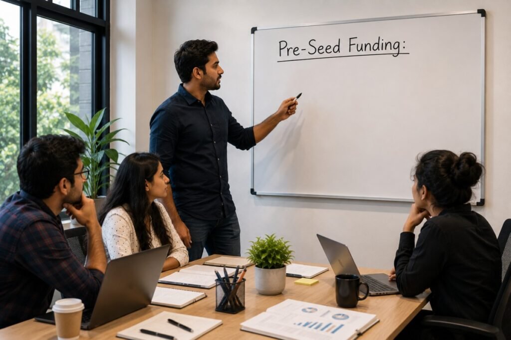 Pre-seed funding presentation in a startup meeting