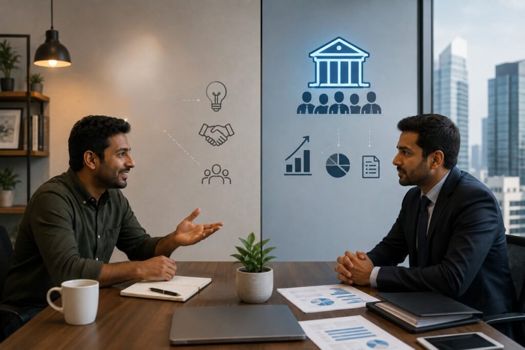 Startup founder pitching investors during a funding meeting