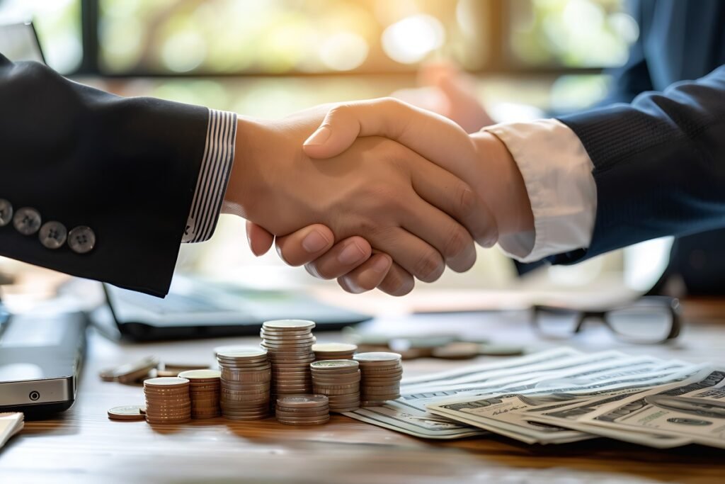 Business handshake with money and coins on a desk.