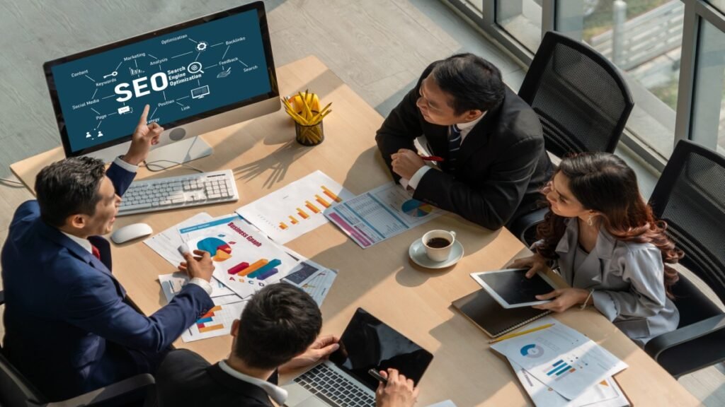 Team discussing SEO strategy in a meeting