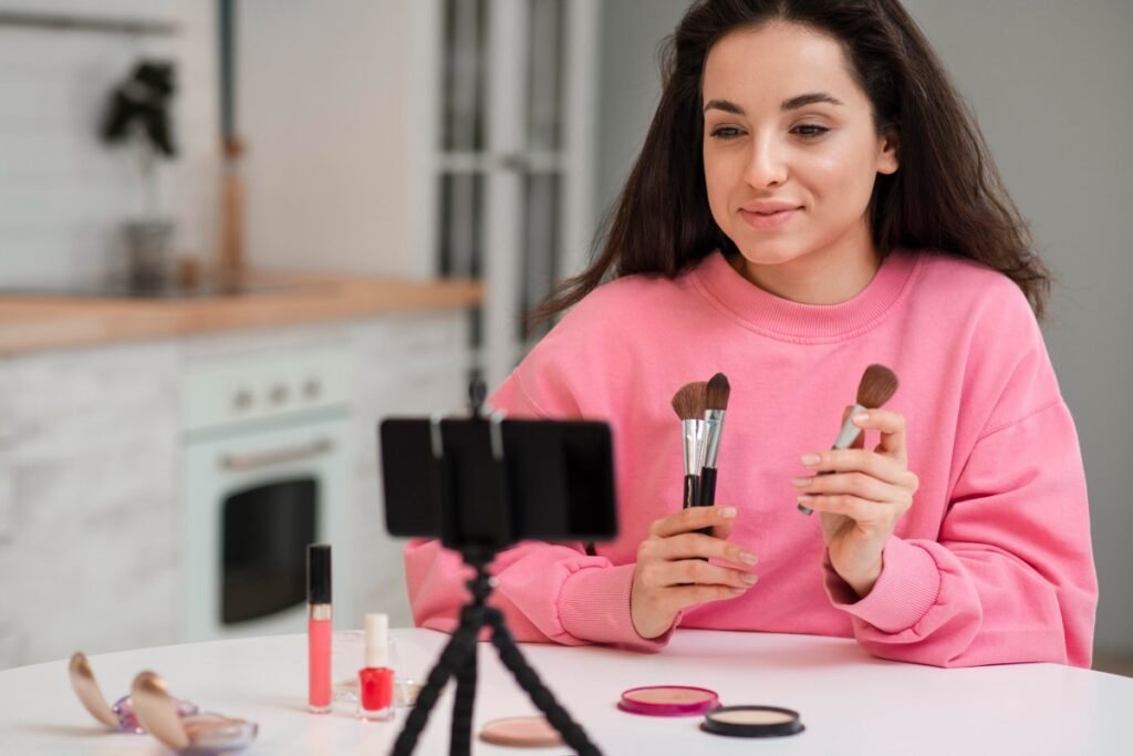Woman creating a makeup tutorial for social media.