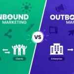 Split-screen graphic comparing inbound and outbound marketing with bold green and purple colors.
