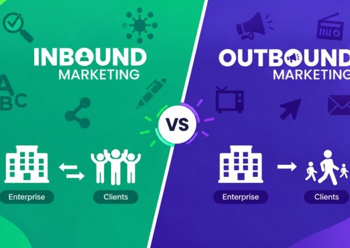 ChatGPT Image Sep 15, 2026, 10_45_54 AM Split-screen graphic comparing inbound and outbound marketing with bold green and purple colors.