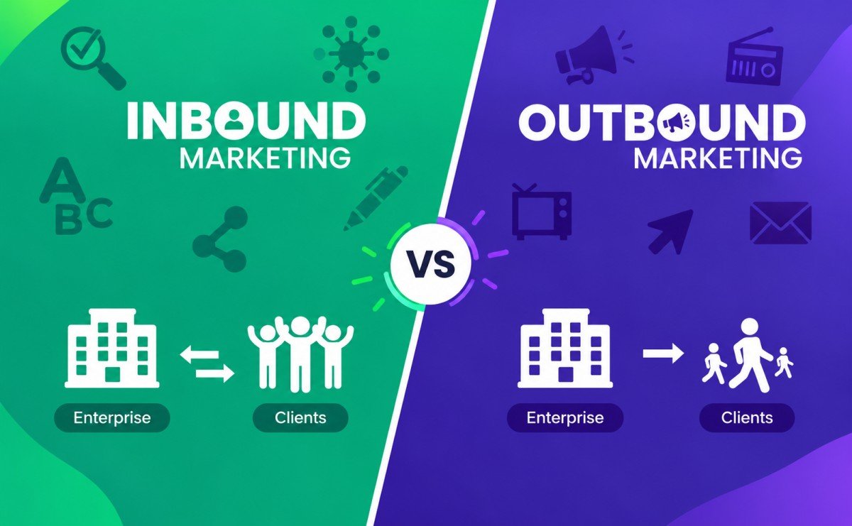 Split-screen graphic comparing inbound and outbound marketing with bold green and purple colors.