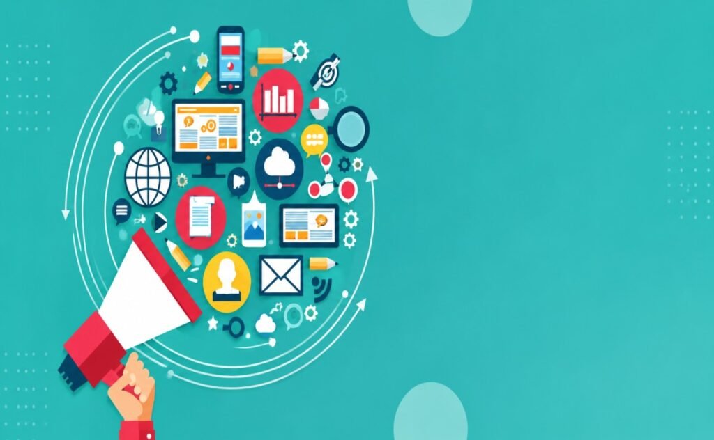 Outbound marketing illustration with megaphone and digital marketing icons.