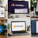 Realistic collage of six CRM software platforms—Zoho CRM, monday CRM, HubSpot CRM, Salesforce, Freshsales, and Bitrix24—shown on laptops and desktop screens.