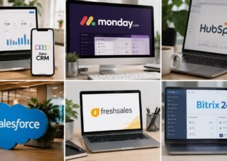 Realistic collage of six CRM software platforms—Zoho CRM, monday CRM, HubSpot CRM, Salesforce, Freshsales, and Bitrix24—shown on laptops and desktop screens.