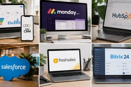 Realistic collage of six CRM software platforms—Zoho CRM, monday CRM, HubSpot CRM, Salesforce, Freshsales, and Bitrix24—shown on laptops and desktop screens.