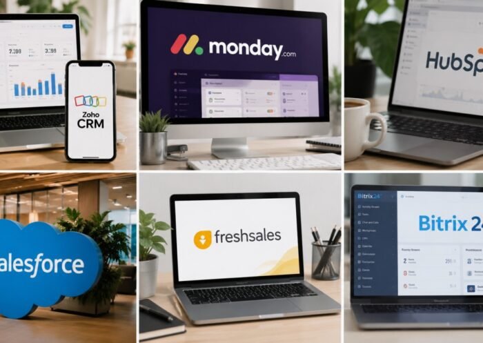 Realistic collage of six CRM software platforms—Zoho CRM, monday CRM, HubSpot CRM, Salesforce, Freshsales, and Bitrix24—shown on laptops and desktop screens.