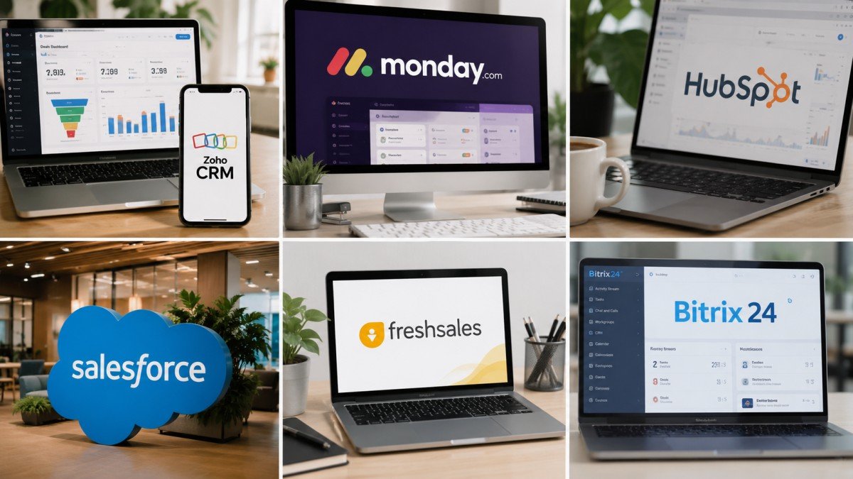 ChatGPT Image Sep 4, 2026, 11_53_27 AM (1) Realistic collage of six CRM software platforms—Zoho CRM, monday CRM, HubSpot CRM, Salesforce, Freshsales, and Bitrix24—shown on laptops and desktop screens.