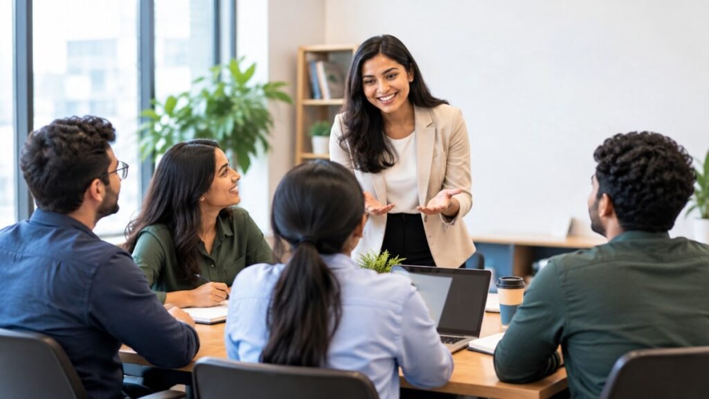 Manager leading a team training session in a modern office