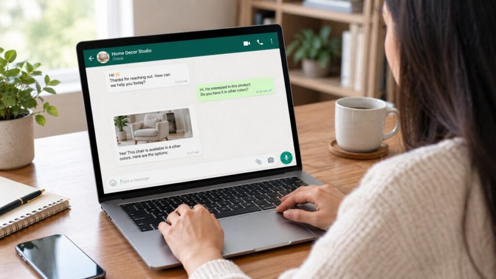 Woman asking about a product through WhatsApp on her laptop.