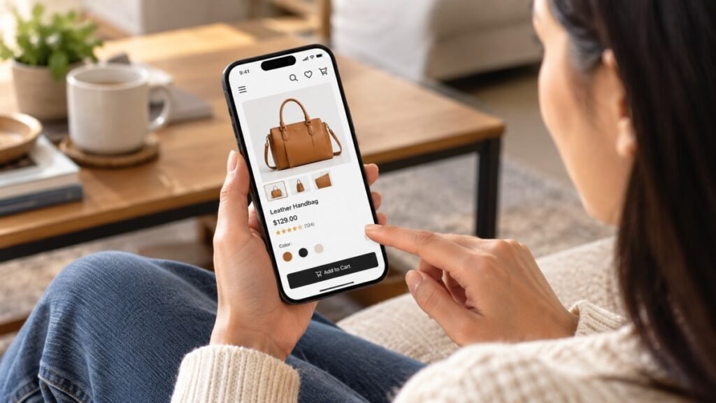 Woman purchasing a handbag through a mobile shopping app.