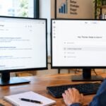 A professional comparing Google search results and ChatGPT on two monitors .