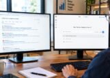 Modern Dual-Monitor AI Workspace A professional comparing Google search results and ChatGPT on two monitors .