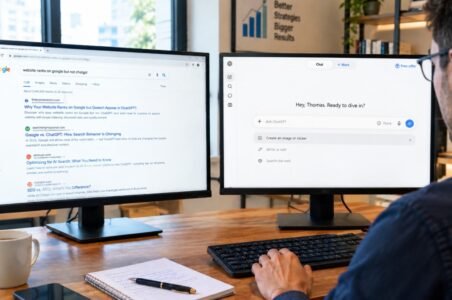 A professional comparing Google search results and ChatGPT on two monitors .