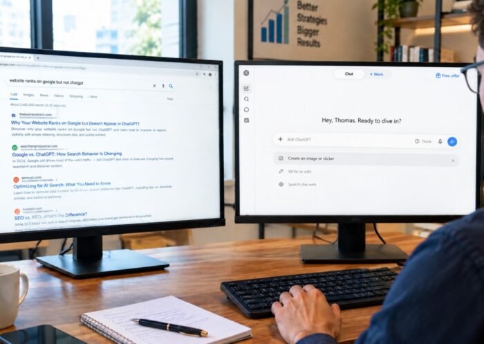 Modern Dual-Monitor AI Workspace A professional comparing Google search results and ChatGPT on two monitors .