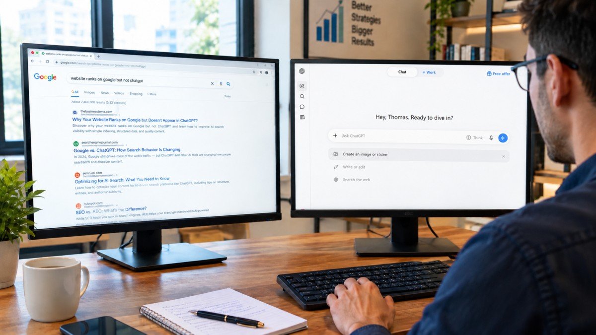 Modern Dual-Monitor AI Workspace A professional comparing Google search results and ChatGPT on two monitors .