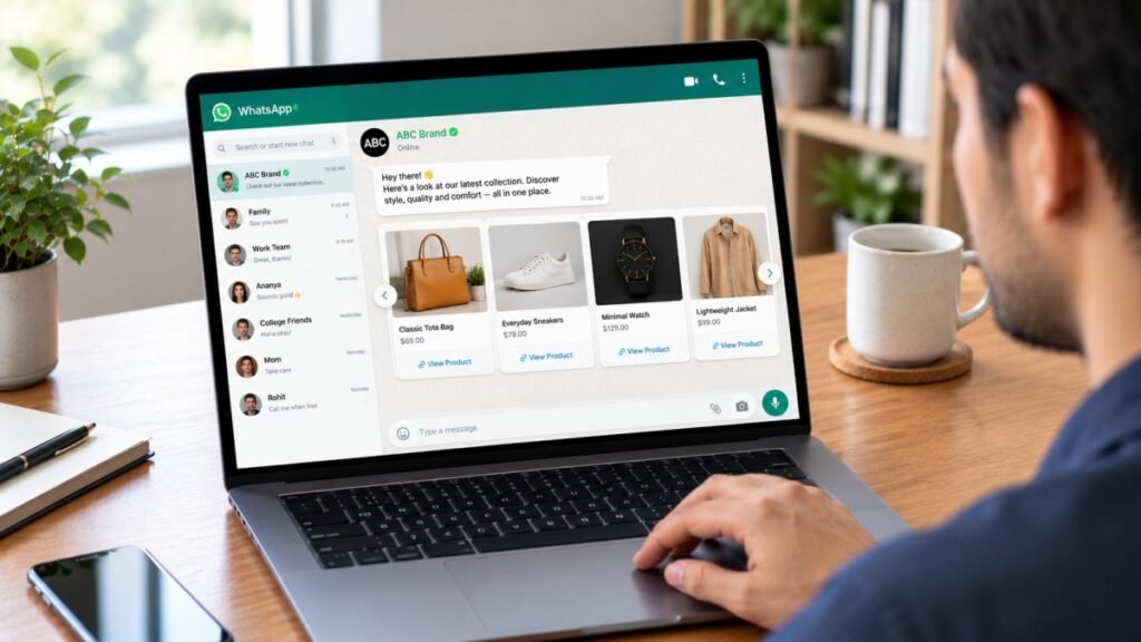 Man viewing ABC Brand’s WhatsApp product catalog on his laptop.